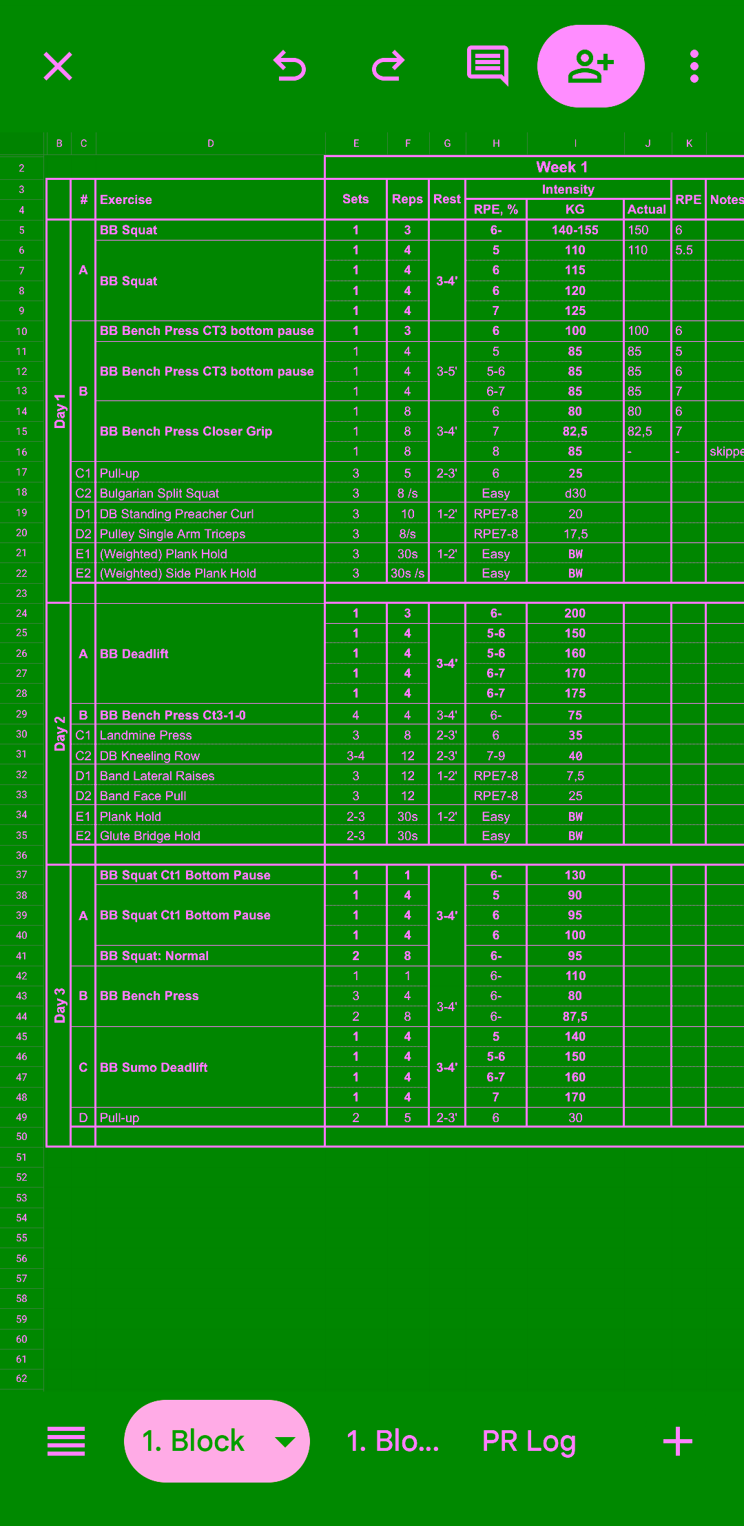Workout tracked in Google Sheets
